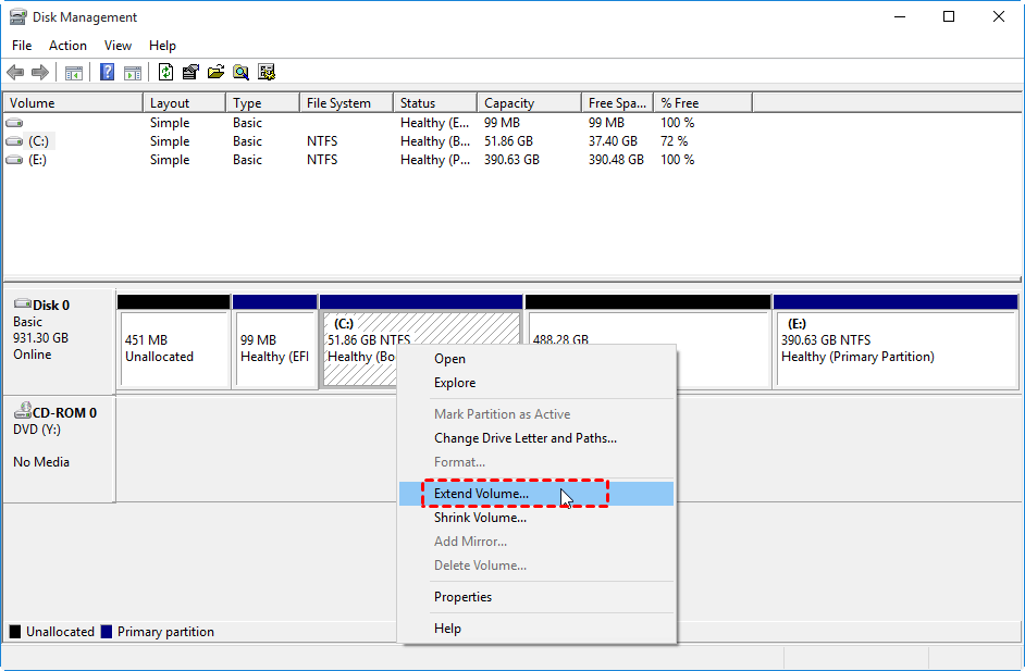 extend partition in windows